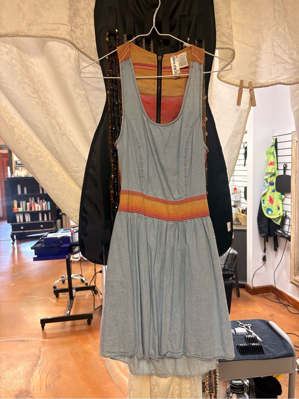 Mimi Chica Light Blue Denim Tank Dress with Multicolor Striped Waist